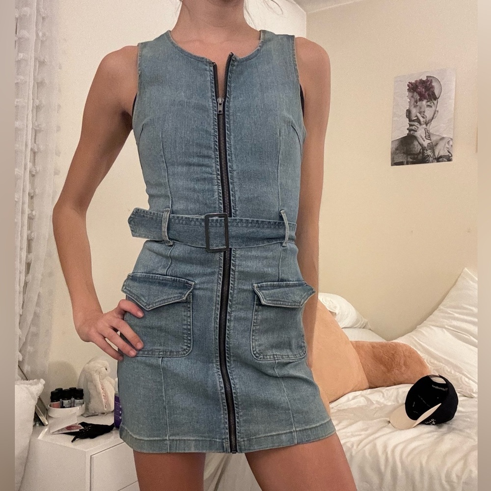 Y2K belted denim mini dress.